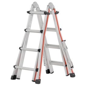   Teleszkópos létra, 4x4 fokos, hossza ferde létraként 4,02 m, kinyújtott állólétraként 1,95 m, összecsukva 1200 mm, 13,2 kg, kitámasztókarokkal