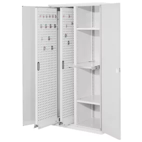   Nagy teherbírású szekrény, tömör fémlemez ajtók, 2 függőleges kihúzás, 2 polc, 1 kihúzható fiók. szé x mé x ma 1000x600x1950 mm, ral 7035