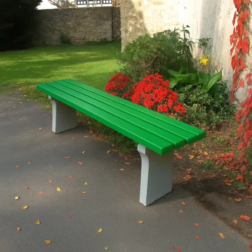 Pad háttámla nélkül, beton lábakkal betonba való beépítéshez vagy beágyazáshoz, 2 m hosszú, pvc lécekkel (fa maggal), zöld