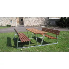   Padgarnitúra téglalap alakú acélcső lábakkal, 2 pad + asztal, tűzihorganyzott, hossza 2 m, északi lucfenyő lécek