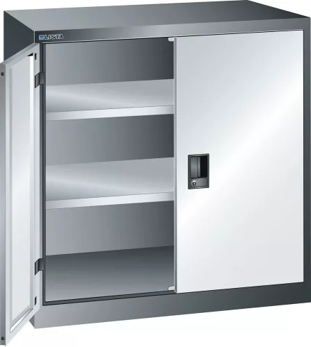 Esd kétajtós szekrény, széxméxma 1002x500x1000 mm, 2 tömör lemezajtó, 2 polc, állítható, teherbírás/polc 60 kg, cilinderzár, ral 7035