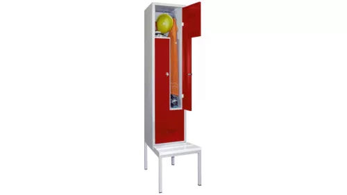 Z-öltözőszekrény, földalatti pad, bükk lécek, 2 rekesz, széxméxma 400x500/800x2150 mm, kilincszár, ral 7035/3003