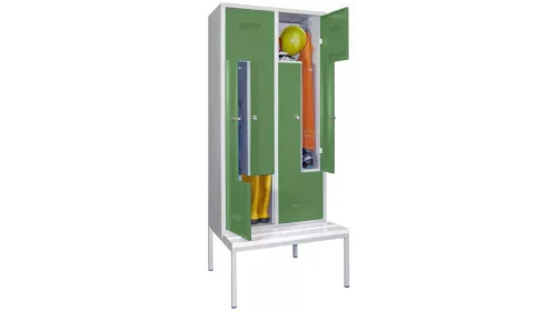 Z-öltözőszekrény, földalatti pad, bükk lécek, 4 részes, széxméxma 800x500/800x2150 mm, forgózáras, ral 7035/6011