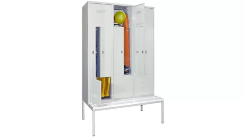 Z-öltözőszekrény, földalatti pad, bükk lécek, 6 rekesz, széxméxma 1200x500/800x2150 mm, kifordítható zár, ral 7035