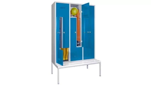 Z-öltözőszekrény, földalatti pad, bükk lécek, 6 rekesz, széxméxma 1200x500/800x2150 mm, kilincszár, ral 7035/5012