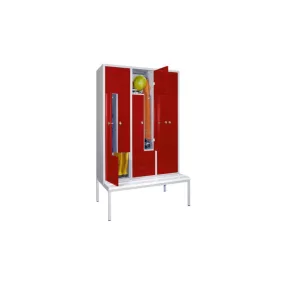   Z-öltözőszekrény, földalatti pad műanyag szalaggal, 6 rekesszel, széxméxma 1200x500/800x2150 mm, forgózáras, ral 7035/3003