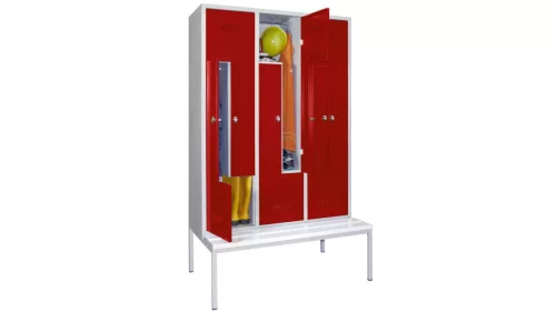 Z-öltözőszekrény, földalatti pad, bükk lécek, 6 rekesz, széxméxma 1200x500/800x2150 mm, kifordítható zár, ral 7035/3003