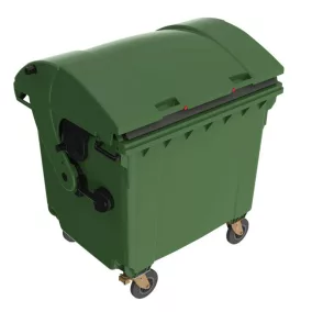   Nagy műanyag hulladéktárolók, 1100 l űrtartalom, mobil, zöld színű, gyerekzárral, széxméxma 1370x1100/1250x1470 mm, egykerék-fékkel