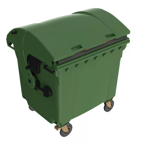 Nagy műanyag hulladéktárolók, 1100 l űrtartalom, mobil, zöld színű, gyerekzárral, széxméxma 1370x1100/1250x1470 mm, egykerék-fékkel