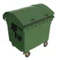   Nagy műanyag hulladéktárolók, 1100 l űrtartalom, mobil, zöld színű, gyerekzárral, széxméxma 1370x1100/1250x1470 mm, egykerék-fékkel