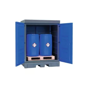   Polietilénből készült veszélyesanyag-tároló, 2 db 200 l-es hordó tárolására, gyűjtőtérfogat 250 l, széxméxma 1560x1080x1980 mm