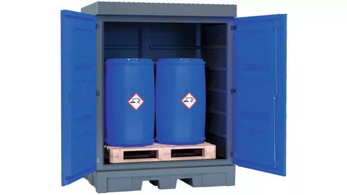 Polietilénből készült veszélyesanyag-tároló, kis tartályok tárolására, gyűjtőtérfogat 250 l, széxméxma 1560x1080x1980 mm