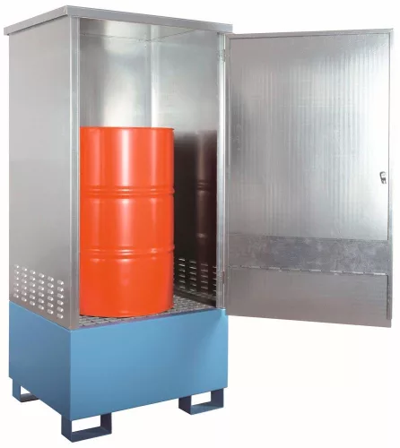 Kármentő felépítménnyel 1x200l-es hordóhoz, széxméxma 900x750x1900 mm, gyűjtőtérfogat. 220 l, festett, horganyzott test