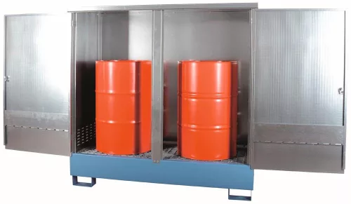 Kármentő felépítménnyel 2 db 200 literes hordóhoz, széxméxma 1760x750x1720 mm, gyűjtőtérfogat. 220 l, festett, horganyzott test