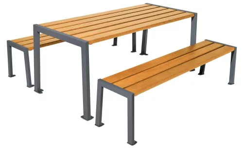 Padgarnitúra asztallal, 2 pad háttámla nélkül, hxszxm 1820x798x750mm, acélcső 40x60mm, horganyzott, szürke, ülőfelület tölgyfa, világos máz, összeszerelés: padlólemez.