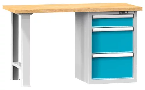 Munkapad, széxméxma 1500x700x880mm, 1 láb, 1 fiókos egység, 3 fiók 1x150, 2x300 mm, teherbírás 1100 kg, ral 7035/5012