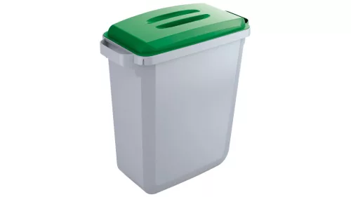 Újrahasznosító kuka zöld fedéllel, műanyag, 60 literes űrtartalom, 2 fogantyú, széxméxma 590x282x645 mm, szürke színű