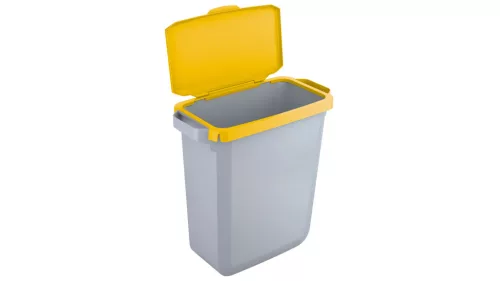 Újrahasznosító kuka sárga csuklós fedéllel, műanyag, 60 literes űrtartalom, 2 fogantyú, széxméxma 590x282x630 mm, szürke színű