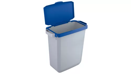 Újrahasznosító kuka kék csuklós fedéllel, műanyag, 60 literes űrtartalom, 2 fogantyú, széxméxma 590x282x630 mm, szürke színű