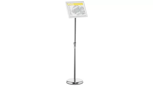 Információs állvány összecsukható kerettel, din a3, ma 1290 mm, talpátmérő 250 mm, ezüst
