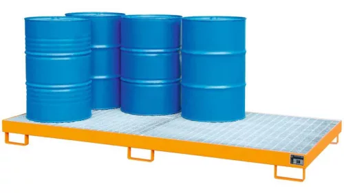 3 mm-es acéllemezből készült kármentő, ral 2000, 8 db 200 literes hordóhoz, álló tárolás, 240 l, szé x mé x ma 2650 x 1300 x 210 mm, horganyzott ráccsal.
