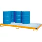   3 mm-es acéllemezből készült kármentő, ral 2000, 8 db 200 literes hordóhoz, álló tárolás, 240 l, szé x mé x ma 2650 x 1300 x 210 mm, horganyzott ráccsal.