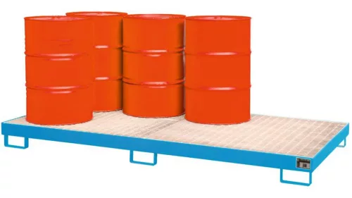 3 mm-es acéllemezből készült kármentő, ral 5012, 8 db 200 literes hordóhoz, álló tárolás, 240 l, szé x mé x ma 2650 x 1300 x 210 mm, horganyzott ráccsal.