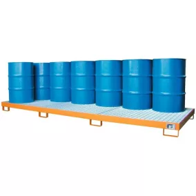   3 mm-es acéllemezből készült kármentő, ral 2000, 12 db 200 literes hordóhoz, álló tárolás, 333 l, szé x mé x ma 3850 x 1300 x 200 mm, horganyzott ráccsal.