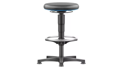Gázrugós állíthatóságú munkaszék, fekete műbőr üléssel és csúszótalpakkal, lábtartóval, ülésátmérővel. 400 mm, ülésmagasság 560-830 mm