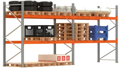 Raklapállvány készlet, 1 x alapmező + 3 x bővítőmező, 2 tárolószint, polcterhelés 2000 kg, mezőterhelés 4000 kg, széxméxma 11225x1100x2500 mm