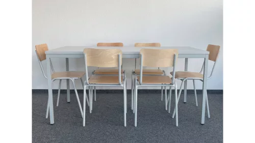 Asztal és szék szett, 6 rakásolható székből és 1 db 1600 mm széles asztalból áll, világosszürke váz, bükk ülés/háttámla, világosszürke asztallap