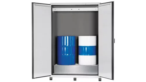 Hordószekrény 2 db 200 literes hordóhoz, széxméxma 1555x1015x2324 mm, 220 l-es csepptálcával ráccsal és ajtózárral, ral 7035, átlátszó aljjal együtt