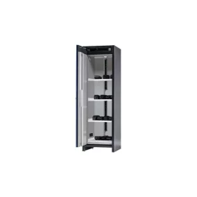   Biztonsági akkumulátortöltő szekrény, 90-es típus, 4 polc, 1 alsó tálca, 2 elosztó, széxméxma 599x615x1953 mm, test ral 7016 / ajtó ral 5010