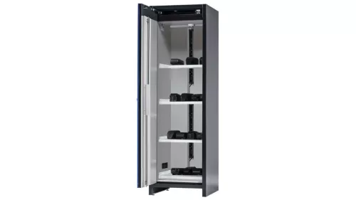 Biztonsági akkumulátortöltő szekrény, 90-es típus, 4 polc, 1 alsó tálca, 2 elosztó, széxméxma 599x615x1953 mm, test ral 7016 / ajtó ral 5010