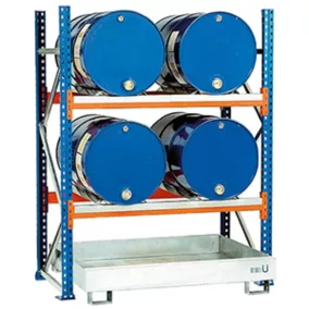   Hordótartó állvány, gf, 4x200 l-es hordóhoz, vízszintes tárolás, 285 l-es csepptálcával, széxméxma 1350x850x2000 mm