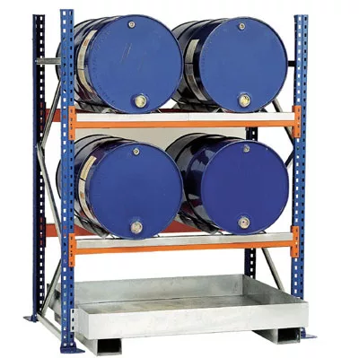 Hordótartó állvány, gf, 4x200 l-es hordóhoz, vízszintes tárolás, 285 l-es csepptálcával, széxméxma 1350x850x2000 mm
