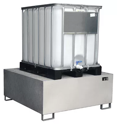 Kármentő, 2 mm-es rozsdamentes acél, 1 db-hoz. 1000 l-es ibc, függőleges tárolású, széxméxma 1460x1460x620 mm, gyűjtőtérfogat 1000 l