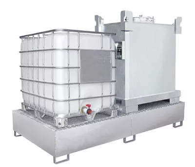 Kármentő, 2 mm rozsdamentes acél, 2 db 1000 l-es ibc-hez, függőleges tárolás, széxméxma 2650x1300x435 mm, gyűjtőtérfogat 1000 l