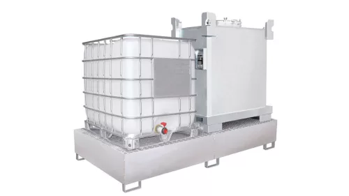 Kármentő, 2 mm rozsdamentes acél, 2 db 1000 l-es ibc-hez, függőleges tárolás, széxméxma 2650x1300x435 mm, gyűjtőtérfogat 1000 l
