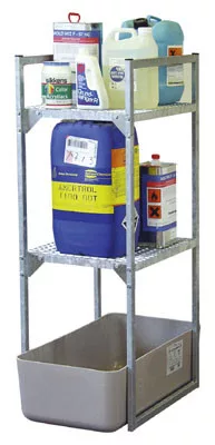 Hordótartó kis tartályokhoz, 2 rácsos tartóval kis tartályokhoz, acél, horganyzott, gfk csepptálca 65 l, széxméxma 450x820x1310 mm