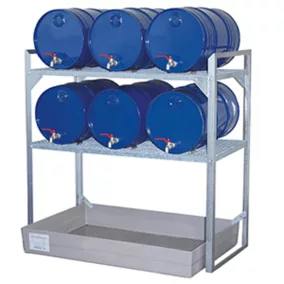   Hordótartó állvány, horganyzott acél, 2 rostélyszint 60 literes hordókhoz és kiskannákhoz, gfk csepptálca 150 l, széxméxma 1320x800x1300 mm