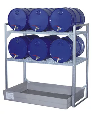 Hordótartó állvány, horganyzott acél, 2 rostélyszint 60 literes hordókhoz és kiskannákhoz, gfk csepptálca 150 l, széxméxma 1320x800x1300 mm