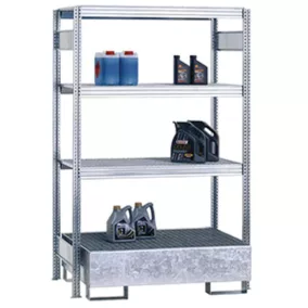   Környezetvédelmi polc, alap rész, nyitott váz, 3 rácsos polccal és gyűjtőtálcával, gyűjtőtérfogat 210 l, széxméxma 1285x600x2000 mm