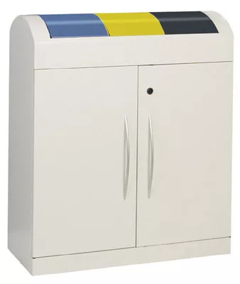 Újrahasznosító sziget, 3x45 liter, széxméxma 860x320x975 mm, test ral 7035 világosszürke, billenőtető kék+sárga+antracit