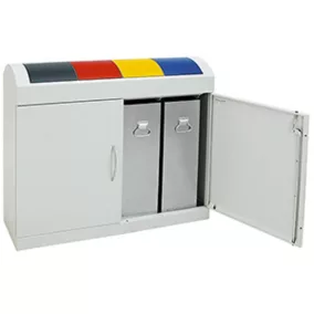  Újrahasznosító sziget, 4x45 liter, széxméxma 1100x320x975 mm, test ral 7035 világosszürke, billenőtető kék+sárga+antracit+piros
