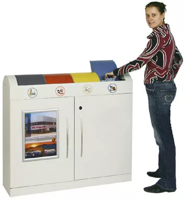 Újrahasznosító sziget, 4x45 liter, széxméxma 1100x320x975 mm, test ral 7035 világosszürke, billenőtető kék+sárga+antracit+piros