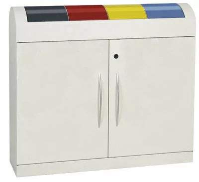 Újrahasznosító sziget, 4x45 liter, széxméxma 1100x320x975 mm, test ral 7035 világosszürke, billenőtető kék+sárga+antracit+piros