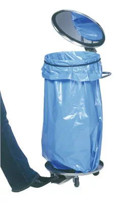 Mobil szemeteszsák állvány, rozsdamentes acélból, rozsdamentes acél fedéllel, 120 literes zsákokhoz, lábpedállal, átmérő x magasság: 410 x 900 mm