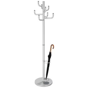   Kabáttartó, átmérő x magasság 450 x 1700 mm, 8 akasztó, esernyőtartó, alumínium ezüst