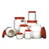 Széles nyakú henger, pe (hdpe), fehér, piros csavaros kupakkal, űrtartalom 6,4 l, átmérő. 198 mm, magasság 265 mm, nyitás 136 mm, 2 darabos csomag